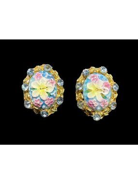 Vintage Alice Caviness Clip On Earrings Blue Rhinestone Floral Milk Glass Gold